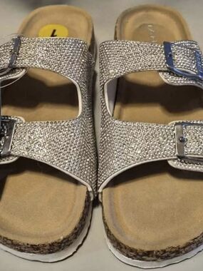 Tahari Silver Rhinestone Double-Band Kids Slide Sandals